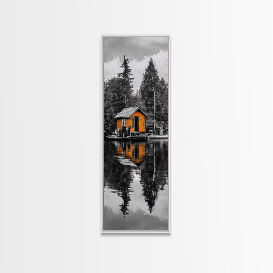 Lake Cabin, Reflection Serenity, Forest Escape, Framed Canvas Print, Nature Wall Art, Rustic Lodge Decor, Cabin Living Room Inspiration