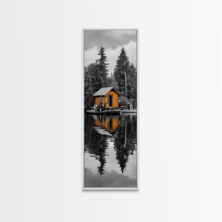 Lake Cabin, Reflection Serenity, Forest Escape, Framed Canvas Print, Nature Wall Art, Rustic Lodge Decor, Cabin Living Room Inspiration