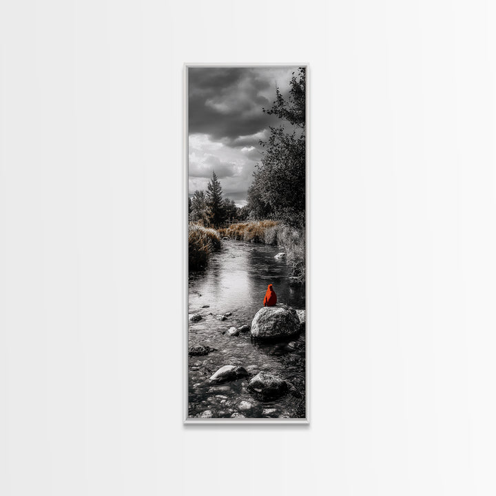 Red Cardinal, River Print, Nature Wildlife Art, Peaceful Landscape, Canvas Print, Rustic Living Room Decor, Autumn Wall Art, Forest Bird