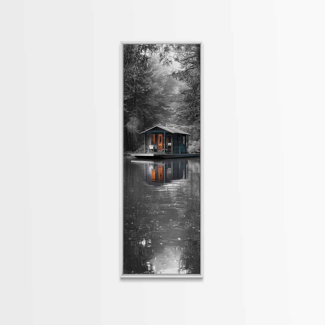 Cabin Reflection, Lake House Art, Cozy Forest Home, Canvas Print, Winter Wall Decor, Rustic Bedroom Artwork, Cabin Lover Gift
