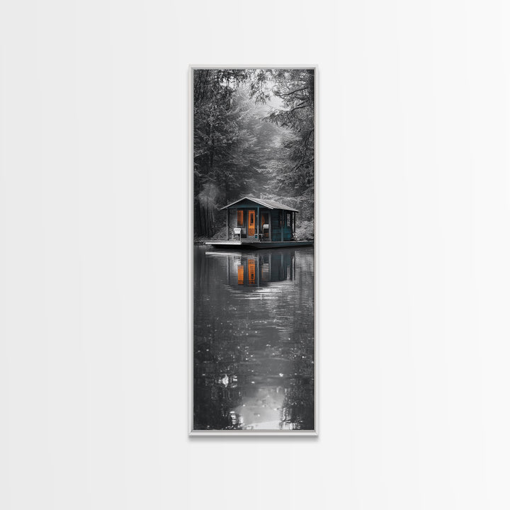 Cabin Reflection, Lake House Art, Cozy Forest Home, Canvas Print, Winter Wall Decor, Rustic Bedroom Artwork, Cabin Lover Gift