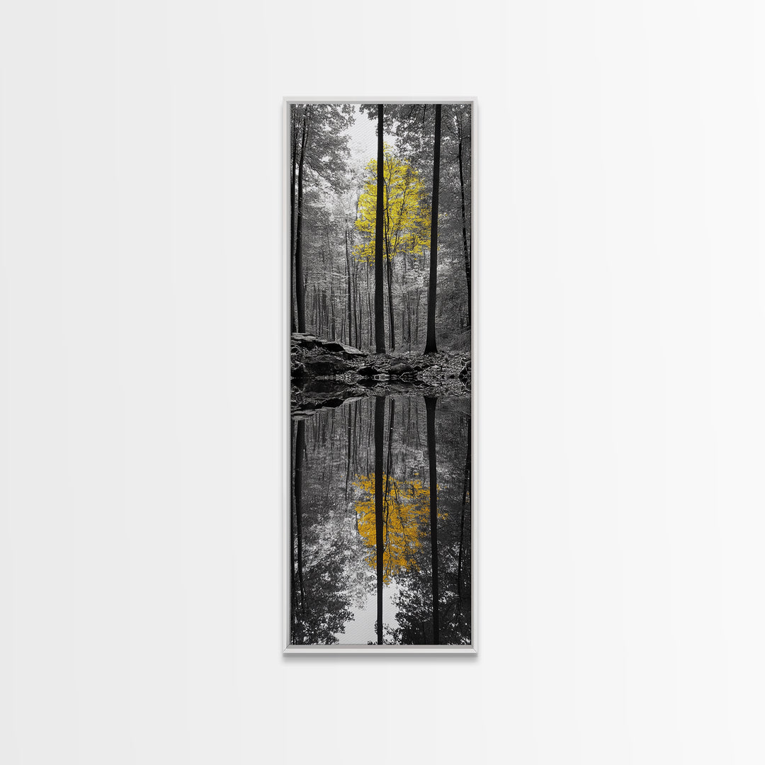 Yellow Tree, Autumn Woods, Forest Reflection, Nature Glow, Framed Canvas Print, Fall Wall Art, Rustic Decor, Cabin Art, Earthy Tones
