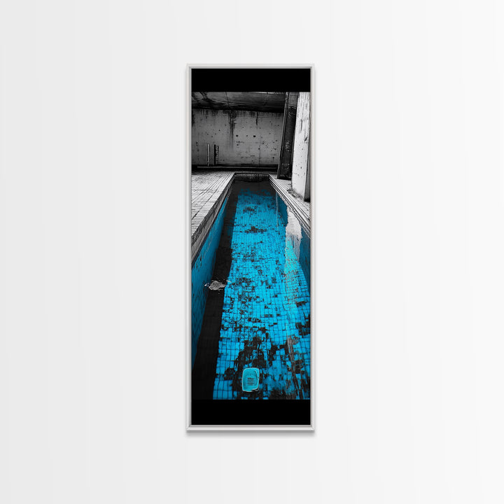 Abandoned Pool, Urban Texture, Gritty Vibes, Blue Contrast, Framed Canvas Print, Industrial Wall Art, Moody Bathroom or Loft Decor