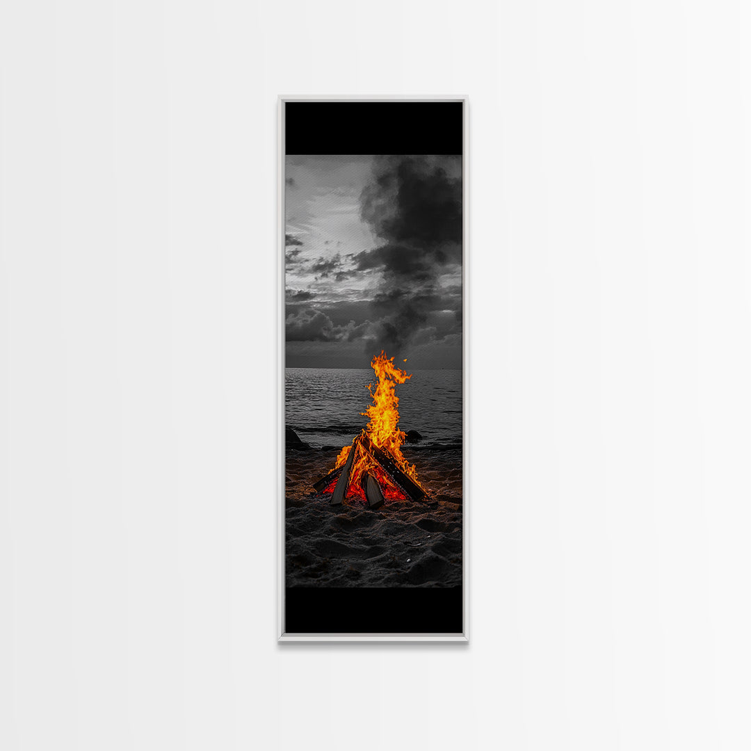 Beach Bonfire, Glowing Flame, Night Ocean, Framed Canvas Print, Autumn Coastal Wall Art, Rustic Cabin Decor, Moody Beach Photography