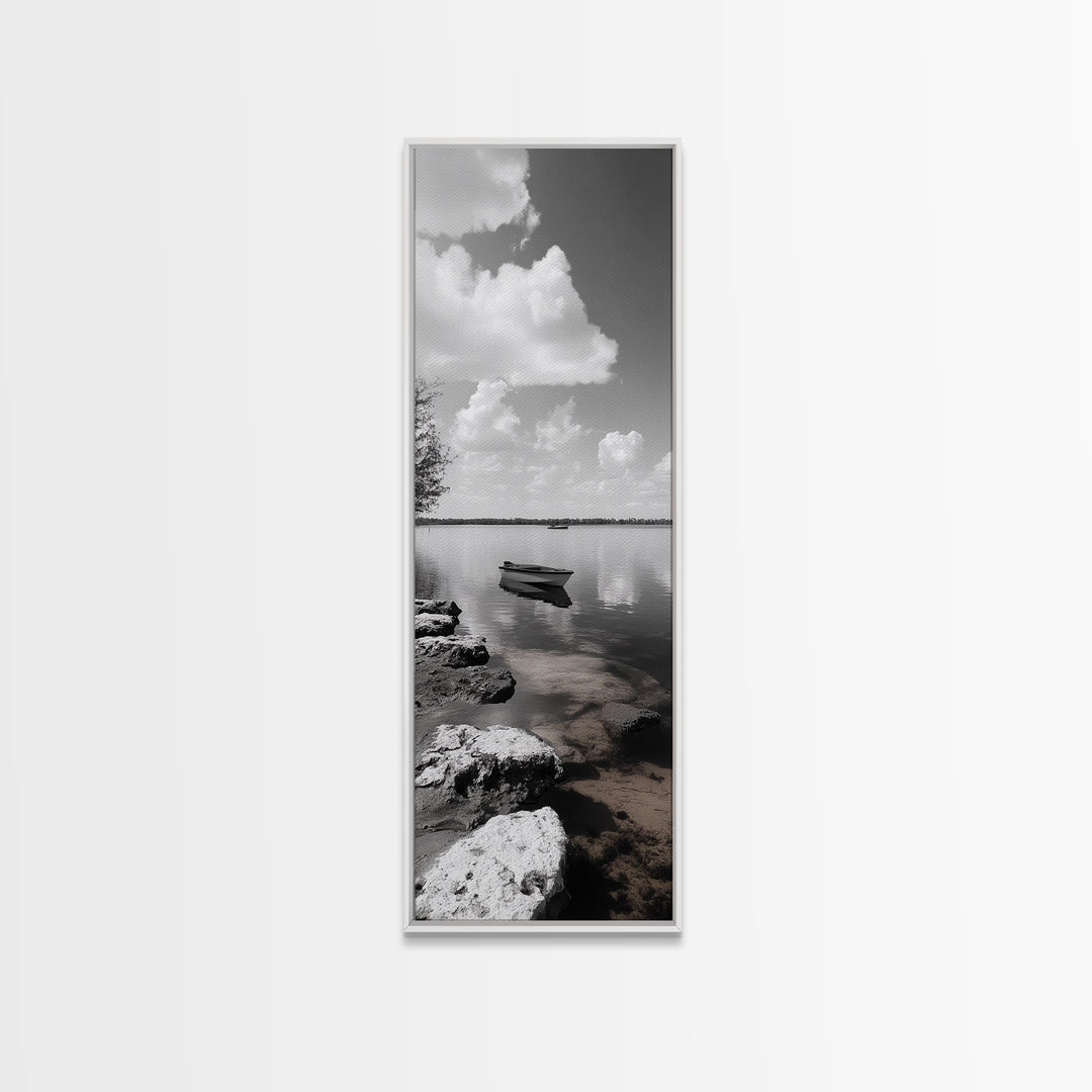 Monochrome Boat Lake, Peaceful Dockside, Still Waters, Minimal Calm, Framed Canvas Print, Bedroom Wall Art, Black White Photography