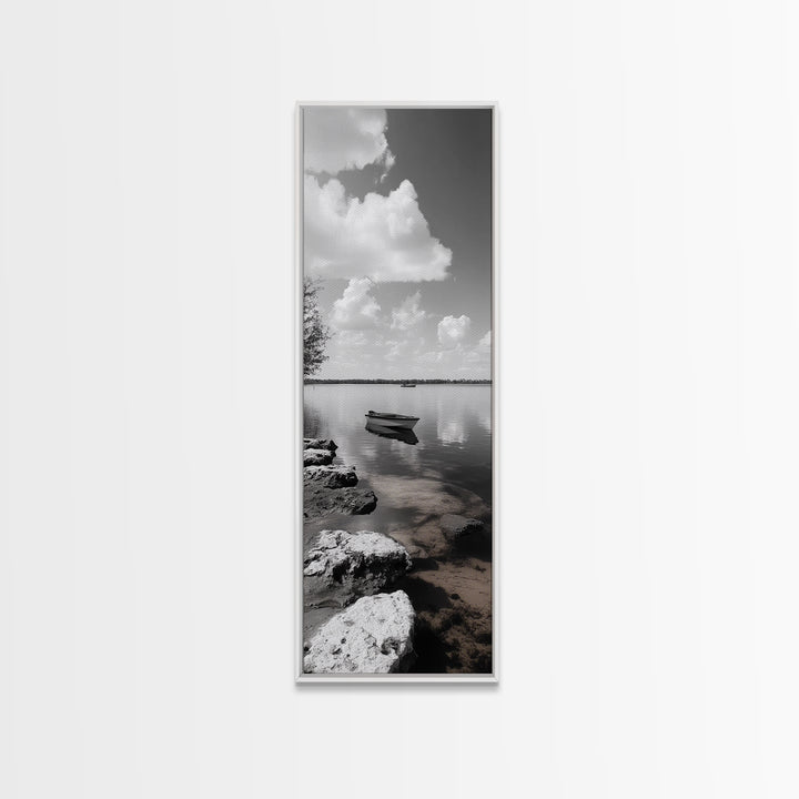 Monochrome Boat Lake, Peaceful Dockside, Still Waters, Minimal Calm, Framed Canvas Print, Bedroom Wall Art, Black White Photography