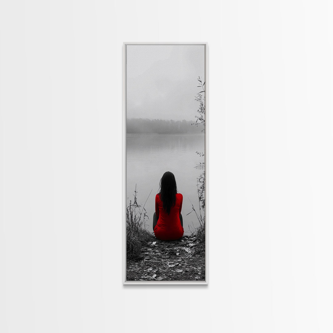 Solitude Reflection, Red Dress Woman, Tranquil Mood, Autumn Lake Scene, Framed Canvas Print, Mindful Art, Bedroom Wall Decor