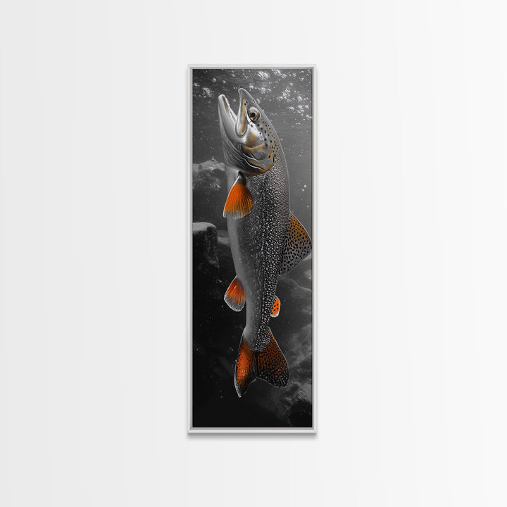 Trout Fishing Print, Underwater Scene, Orange Fins Fish, Rustic Wildlife, Framed Canvas Print, Cabin Decor, Man Cave Wall Art