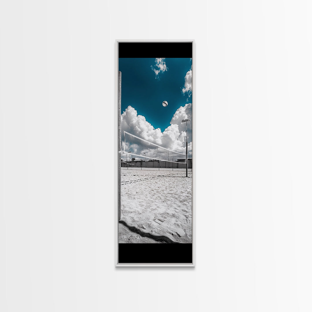 Volleyball Court, Sky Clouds, Summer Game, Framed Canvas Print, Sports Room Wall Art, Minimalist Athletic Decor, Outdoor Lifestyle Art