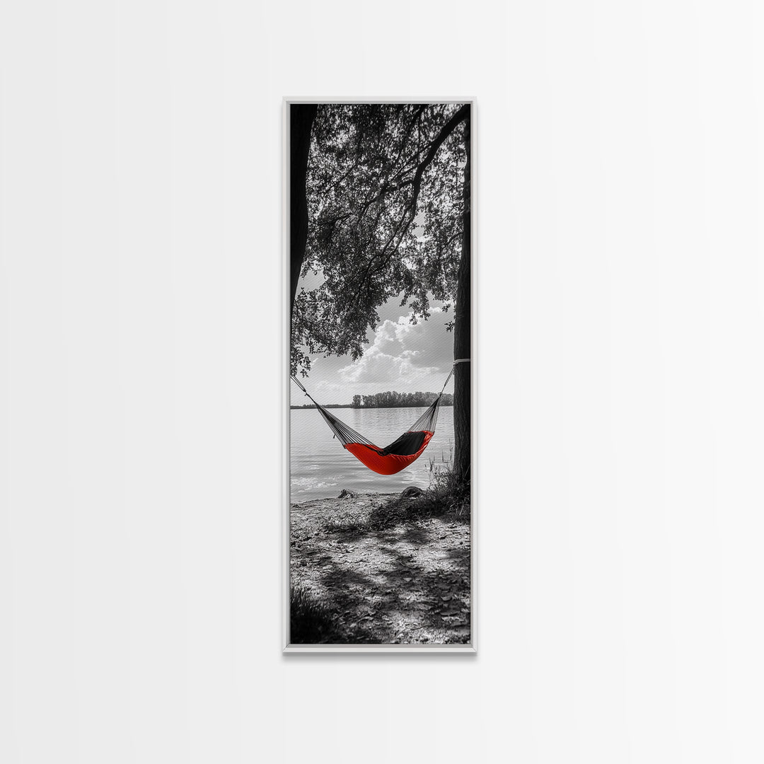 Red Hammock Escape, Nature Lake Art, Serene Moment, Outdoor Vibes, Framed Canvas Print Rustic Bedroom Wall Art, Minimalist Landscape