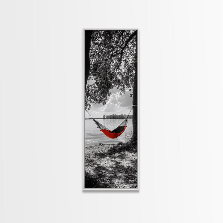 Red Hammock Escape, Nature Lake Art, Serene Moment, Outdoor Vibes, Framed Canvas Print Rustic Bedroom Wall Art, Minimalist Landscape