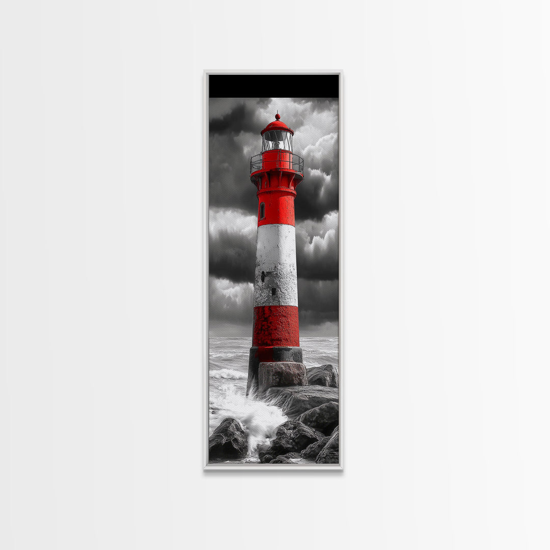 Red Lighthouse Storm, Coastal Beacon Art, Dramatic Seascape, Nautical Scene, Framed Canvas Print Living Room Wall Art, Moody Decor