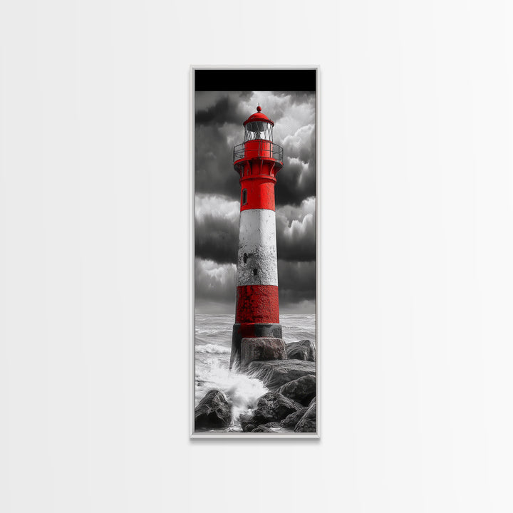 Red Lighthouse Storm, Coastal Beacon Art, Dramatic Seascape, Nautical Scene, Framed Canvas Print Living Room Wall Art, Moody Decor