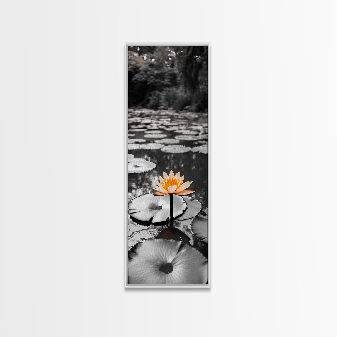 Orange Water Lily, Peaceful Pond Scene, Nature Reflection, Elegant Bloom, Framed Canvas Print Zen Bathroom Wall Art, Botanical Decor