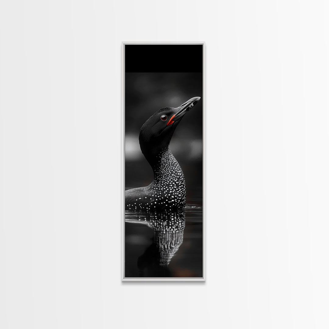 Loon Bird, Red Eye, Monochrome Wildlife, Nature Framed Canvas Print, modern living room wall art, black and white animal art