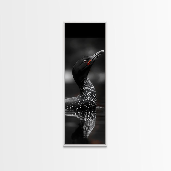 Loon Bird, Red Eye, Monochrome Wildlife, Nature Framed Canvas Print, modern living room wall art, black and white animal art