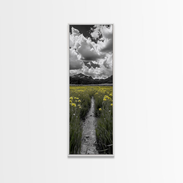 Yellow Field, Mountain Trail, Alpine Meadow, Bright Sky Framed Canvas Print, nature lover gift, landscape wall decor, cabin wall art