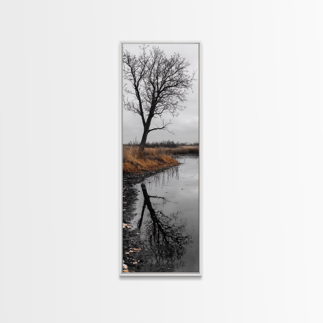 Bare Tree, Marsh Reflection, Autumn Tones, Moody Nature Framed Canvas Print, fall farmhouse wall art, rustic entryway decor, office wall art