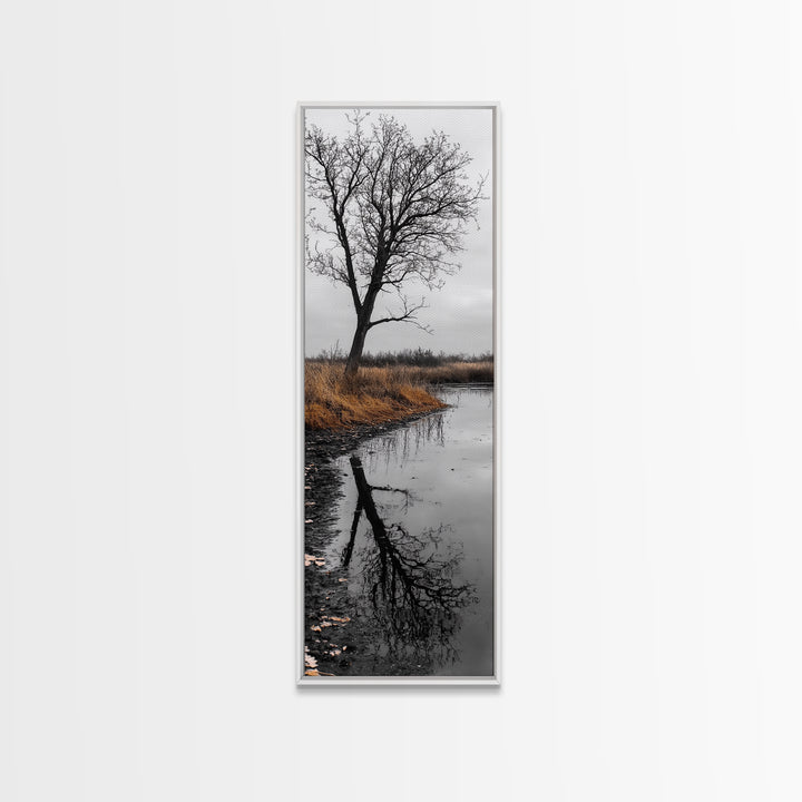 Bare Tree, Marsh Reflection, Autumn Tones, Moody Nature Framed Canvas Print, fall farmhouse wall art, rustic entryway decor, office wall art