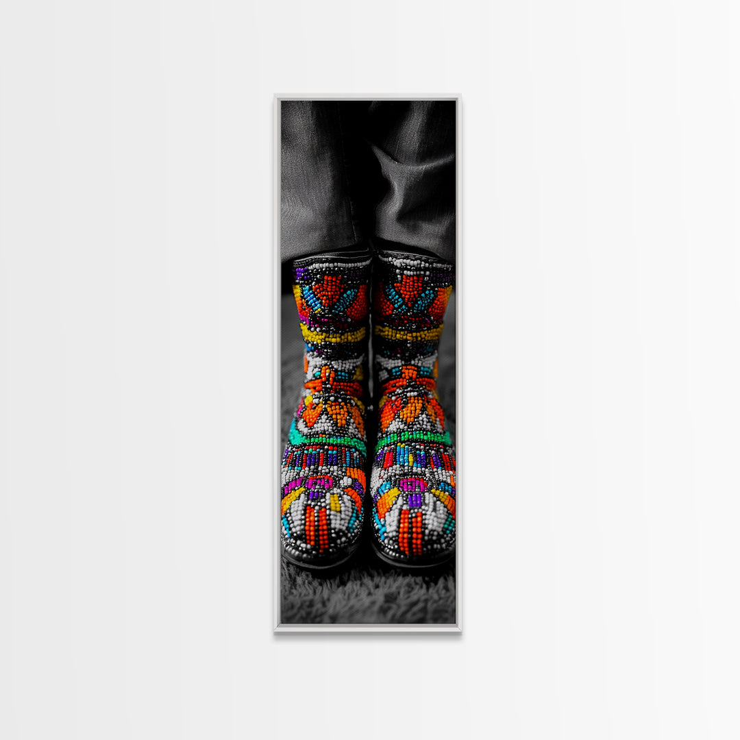 Beaded Boots, Bold Fashion, Cultural Style, Tribal Vibes, Framed Canvas Print, Boho art, Fashion Wall Art, Entryway Decor, Statement Piece