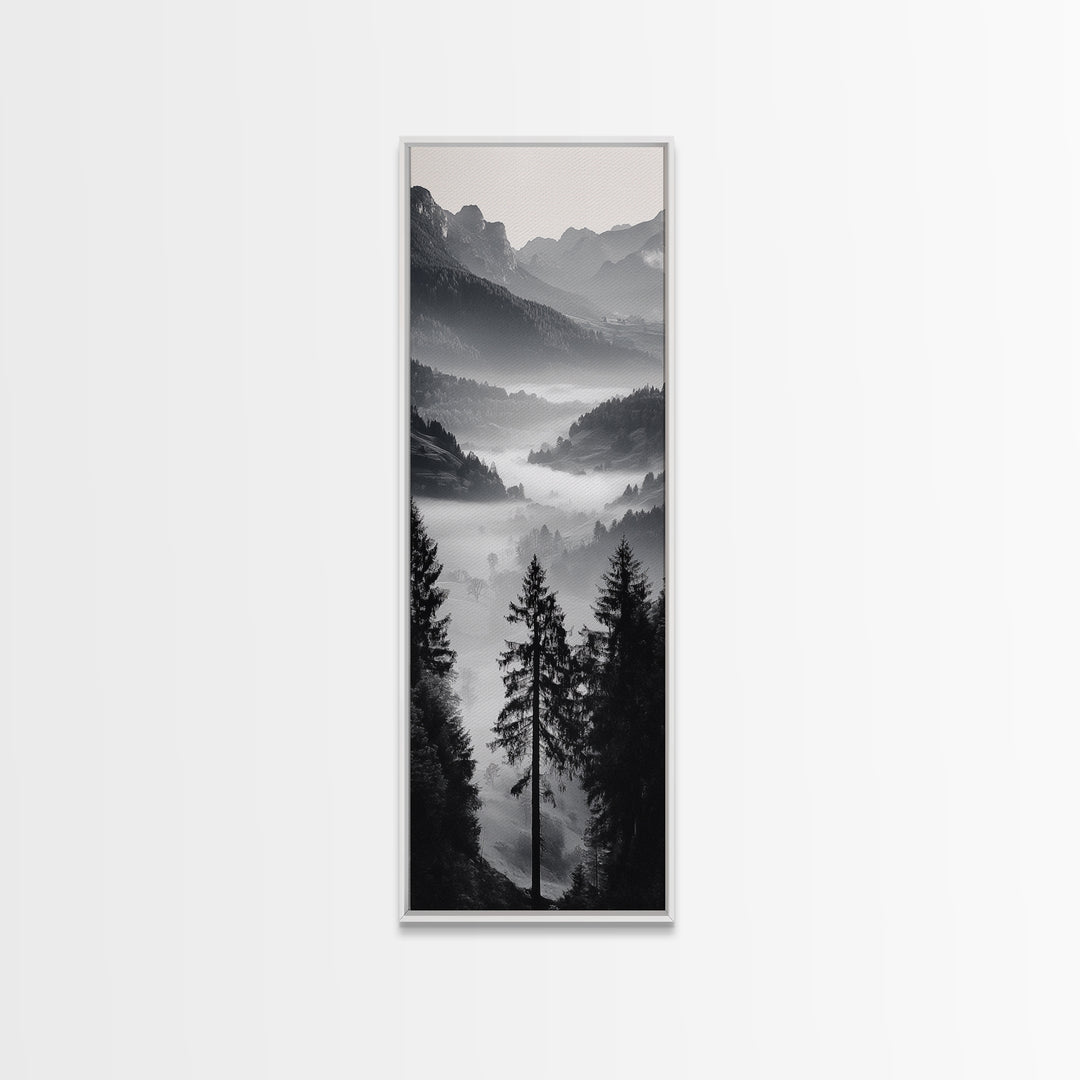 Foggy Mountains, Pine Forest, Valley Mist, Calm Landscape, Canvas Print, entryway wall art, cozy cabin vibes, grayscale art style