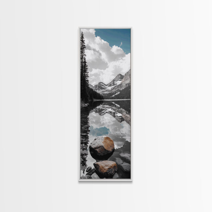 Alpine Reflection, Lake View, Mountain Tranquility, Framed Canvas Print, Nature Lover Gift, Bathroom Wall Art, Boho Landscape Art, Neutral Decor