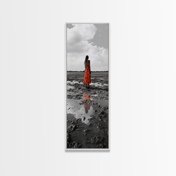 Solitary Woman, Polka Dot Dress, Reflected Mood, Framed Canvas Print, Surreal Fine Art, Bedroom Wall Art, Contemporary Minimalist Style