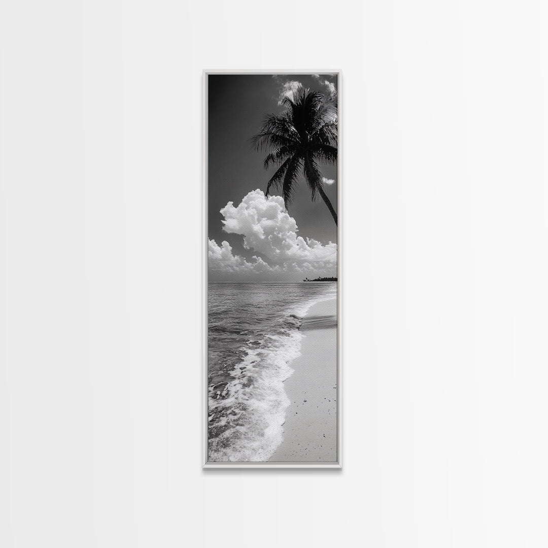 Tropical Palm, Beach Scene, Coastal Vibes, Framed Canvas Print, Relaxing Ocean Art, Bathroom Wall Decor, Minimalist Seaside Landscape