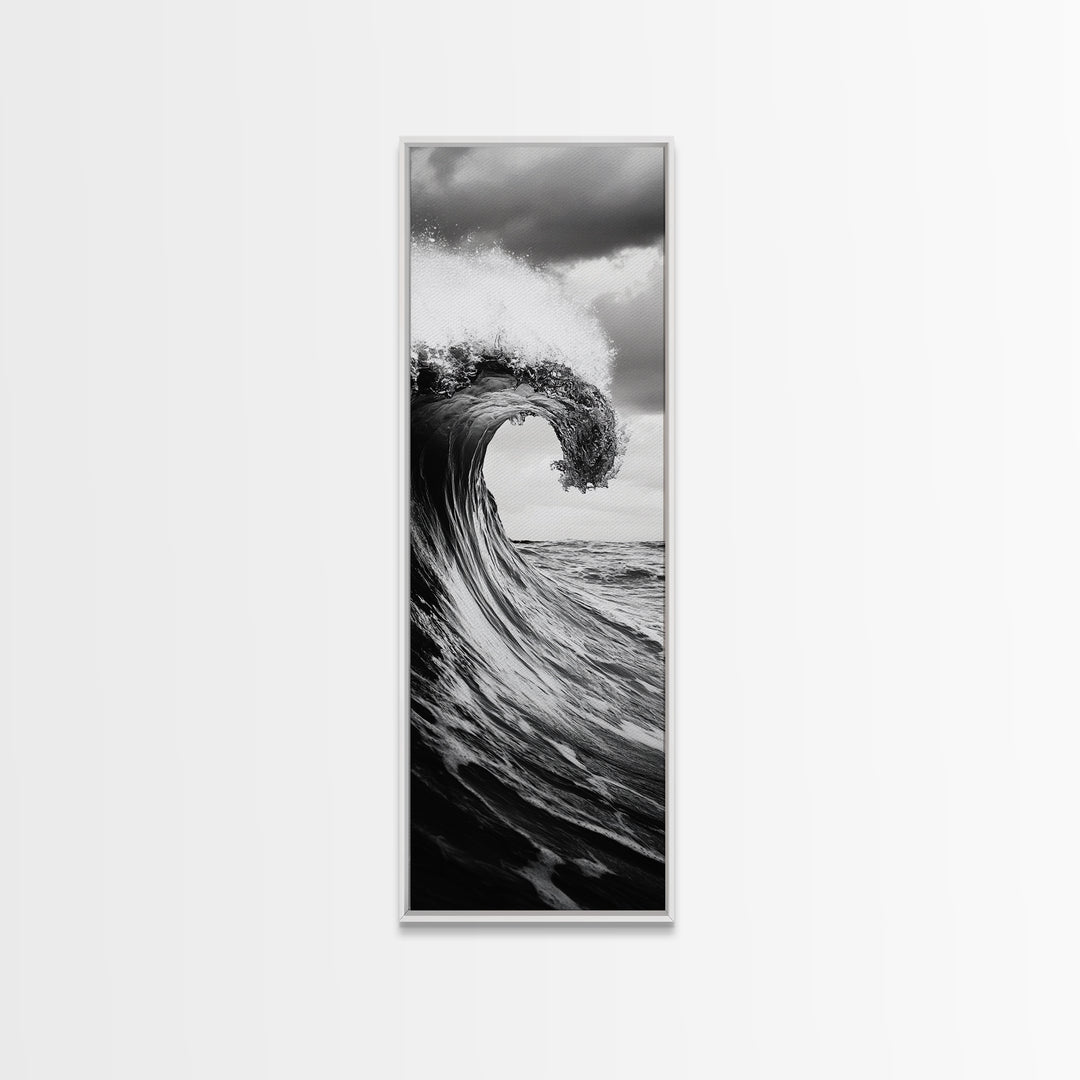 Ocean Wave, Monochrome Surf, Nature Power, Dramatic Sea, Framed Canvas Print, Coastal Wall Decor, Modern Bathroom Art, Minimalist Ocean Art