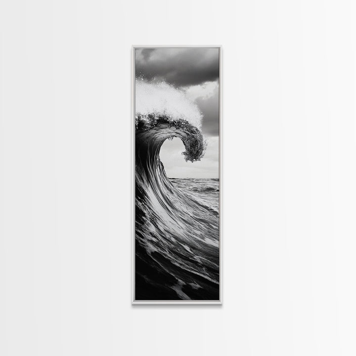 Ocean Wave, Monochrome Surf, Nature Power, Dramatic Sea, Framed Canvas Print, Coastal Wall Decor, Modern Bathroom Art, Minimalist Ocean Art