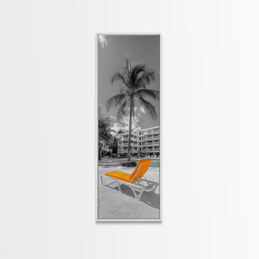 Poolside Palm, Tropical Escape, Resort Vibe, Orange Chair, Framed Canvas Print, Summer Wall Decor, Boho Art, Living Room Tropical Art