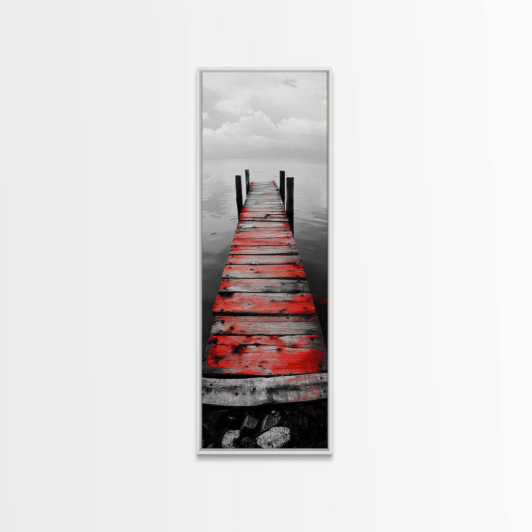 Red Dock, Still Water, Rustic Lake, Quiet Pier, Canvas Print, Bedroom Wall Art, Moody Lake Photography, Autumn Cabin Decor, Minimalist