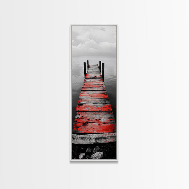 Red Dock, Still Water, Rustic Lake, Quiet Pier, Canvas Print, Bedroom Wall Art, Moody Lake Photography, Autumn Cabin Decor, Minimalist