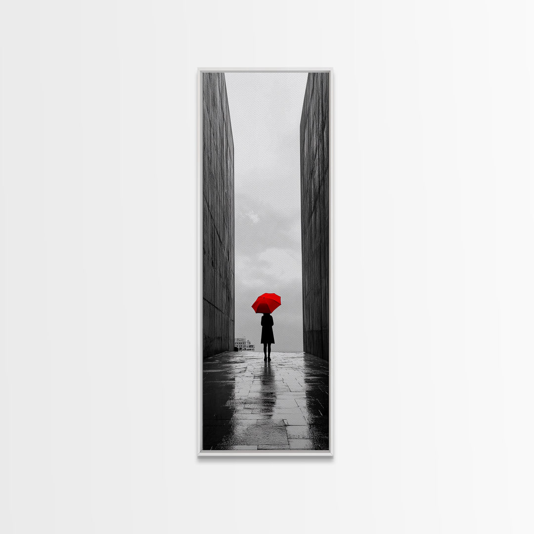 Red Umbrella, Rainy Day, Urban Silhouette, Framed Canvas Print, Minimalist Wall Art, Modern Entryway Decor, Monochrome Mood