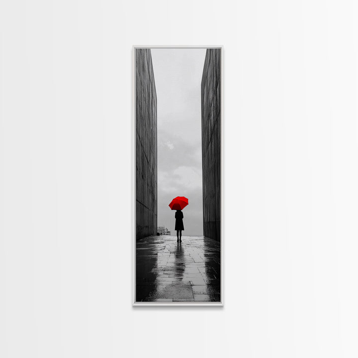 Red Umbrella, Rainy Day, Urban Silhouette, Framed Canvas Print, Minimalist Wall Art, Modern Entryway Decor, Monochrome Mood