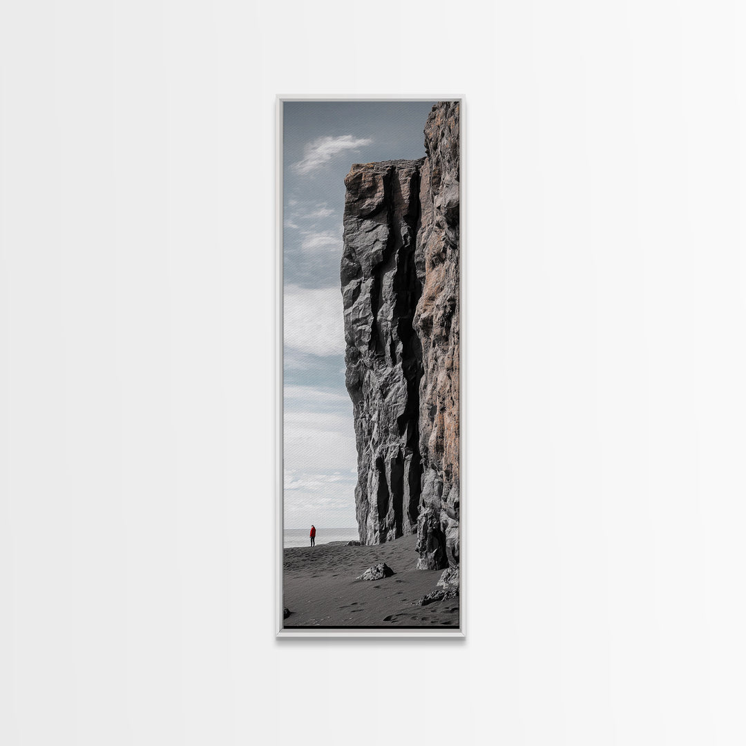 Cliff Wall, Ocean View, Lone Hiker, Rugged Coast, Framed Canvas Print, Adventure Art, Minimalist Decor, Office Wall Art, Modern Nature