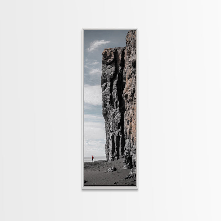 Cliff Wall, Ocean View, Lone Hiker, Rugged Coast, Framed Canvas Print, Adventure Art, Minimalist Decor, Office Wall Art, Modern Nature