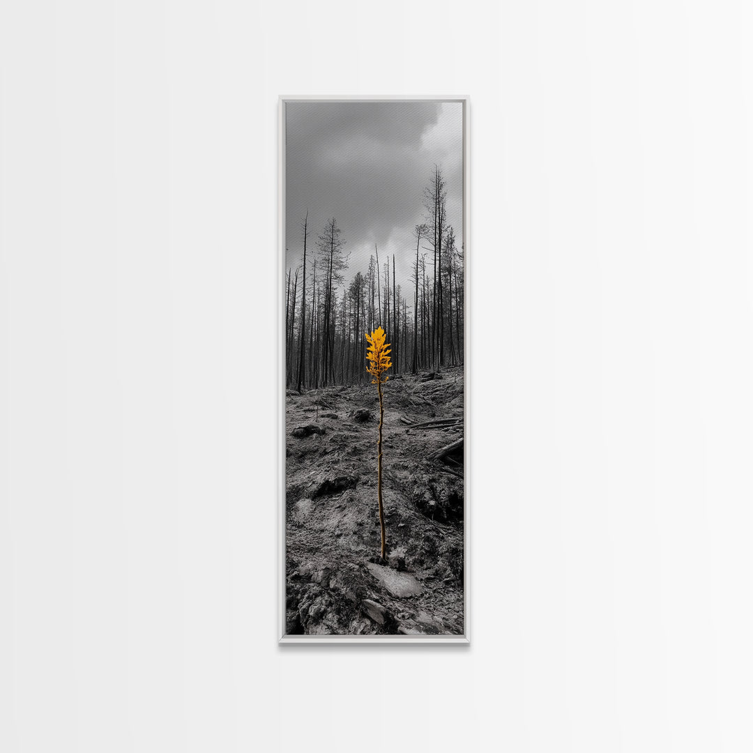 Lone Sprout, Forest Renewal, Emotional Nature Scene, Moody Landscape Art, Framed Canvas Print, Autumn Wall Decor, Rustic Nature Style