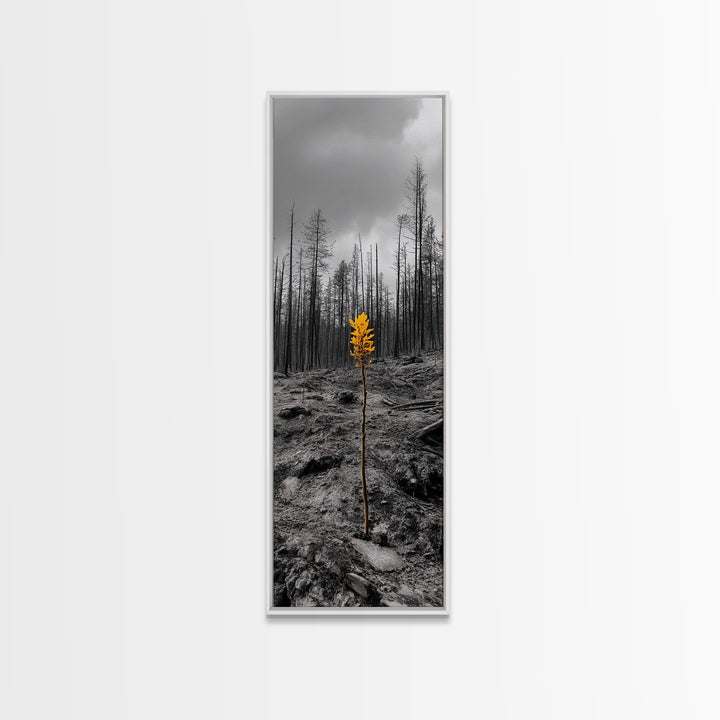Lone Sprout, Forest Renewal, Emotional Nature Scene, Moody Landscape Art, Framed Canvas Print, Autumn Wall Decor, Rustic Nature Style