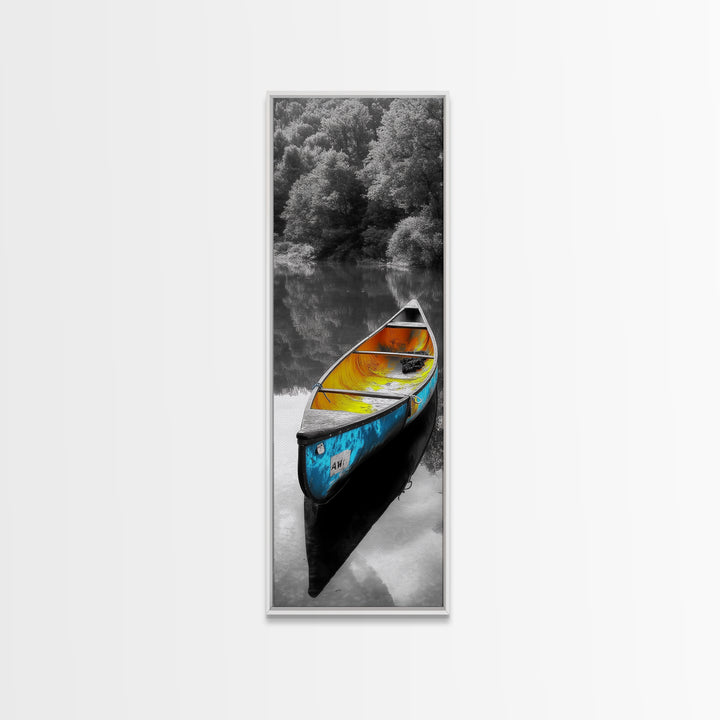 Blue and Yellow Canoe, Calm River Reflections, Rustic Boat Scene, Framed Canvas Print, Autumn Wall Art, Nature Inspired Decor