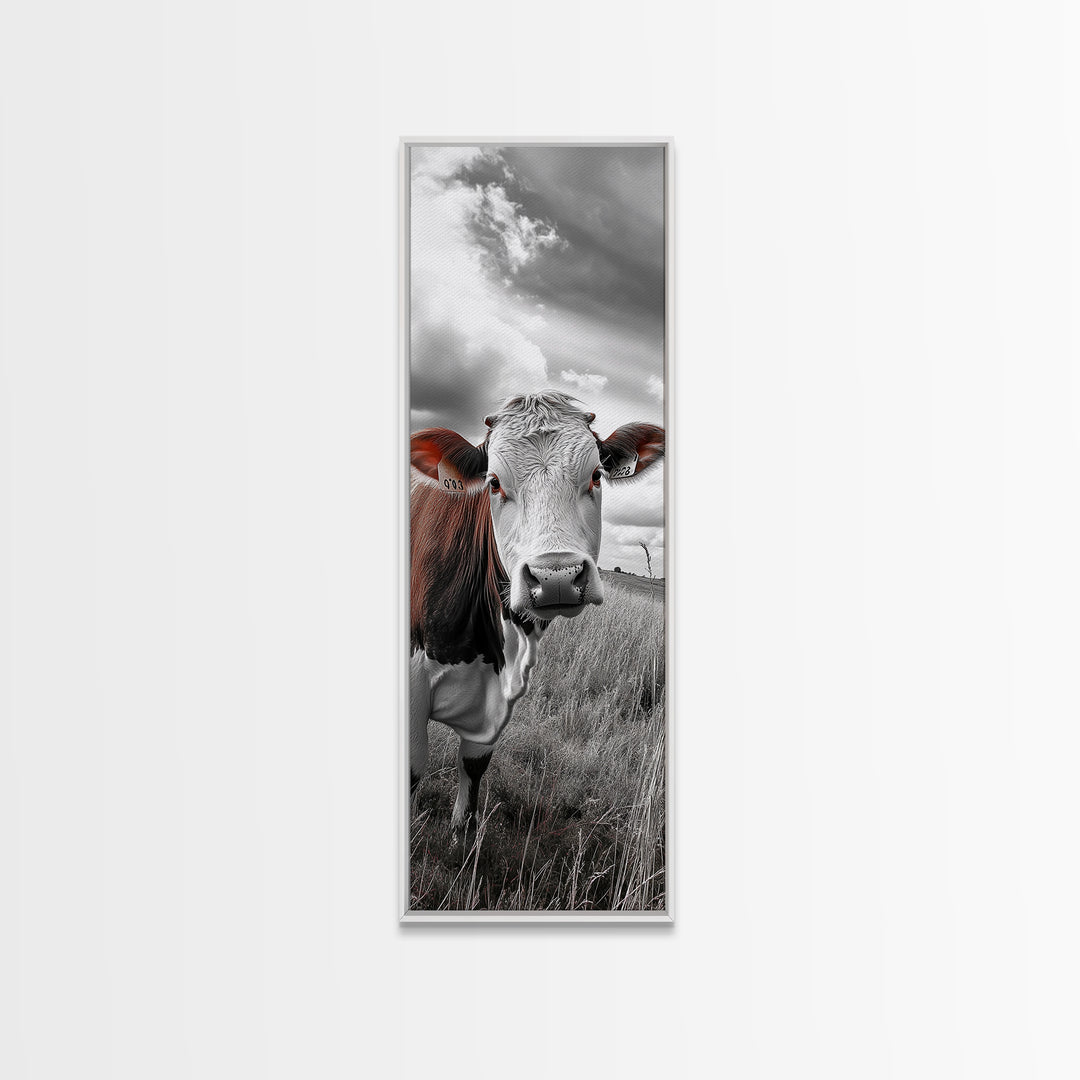 Curious Cow Portrait, Rustic Farmhouse Decor, Country Field Vibe, Framed Canvas Print, Western Wall Art, Kitchen or Dining Room Accent