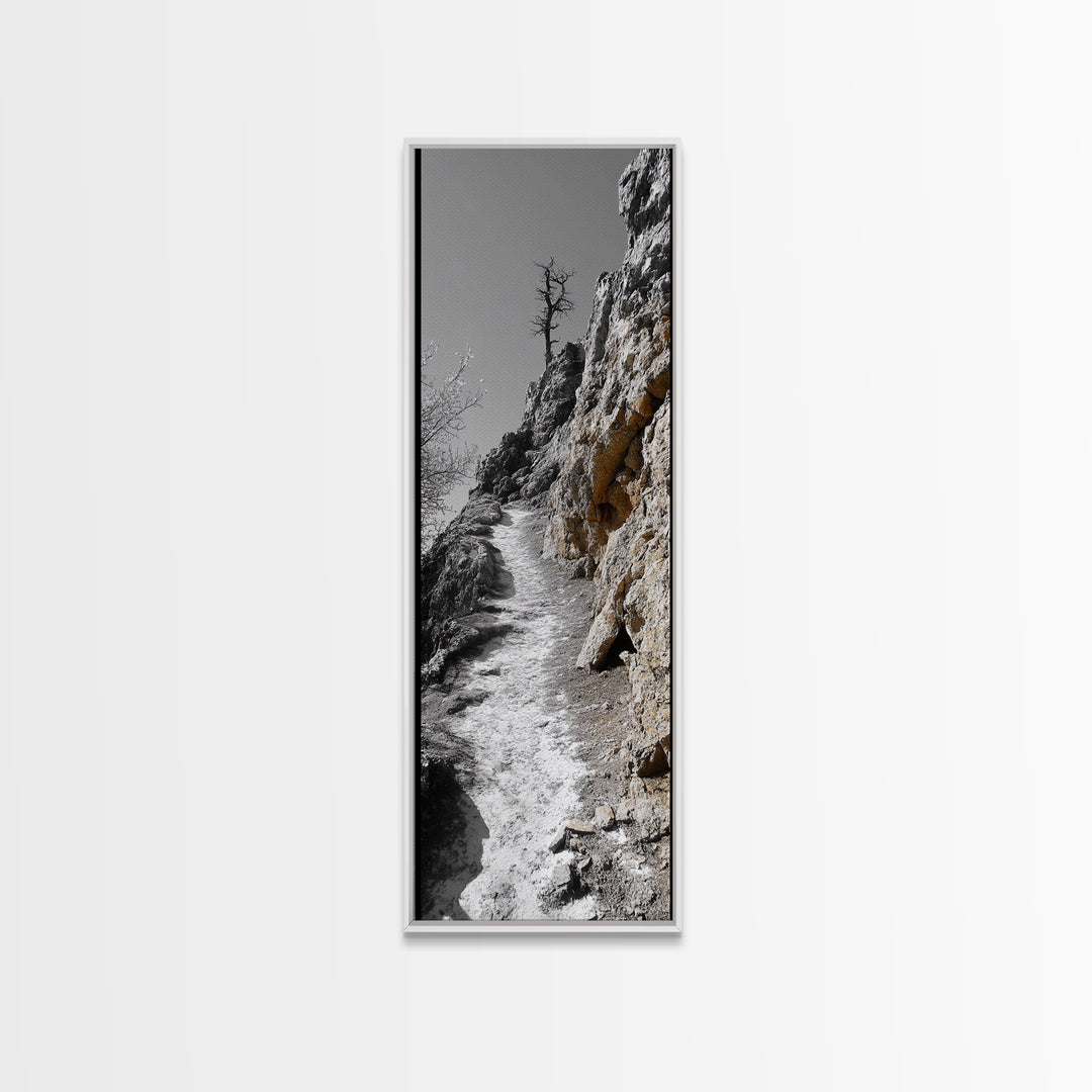 Cliff Pathway Art, Nature Trail Scene, Monochrome Rustic Landscape, Framed Canvas Print, Mountain Cabin Entryway Wall Decor