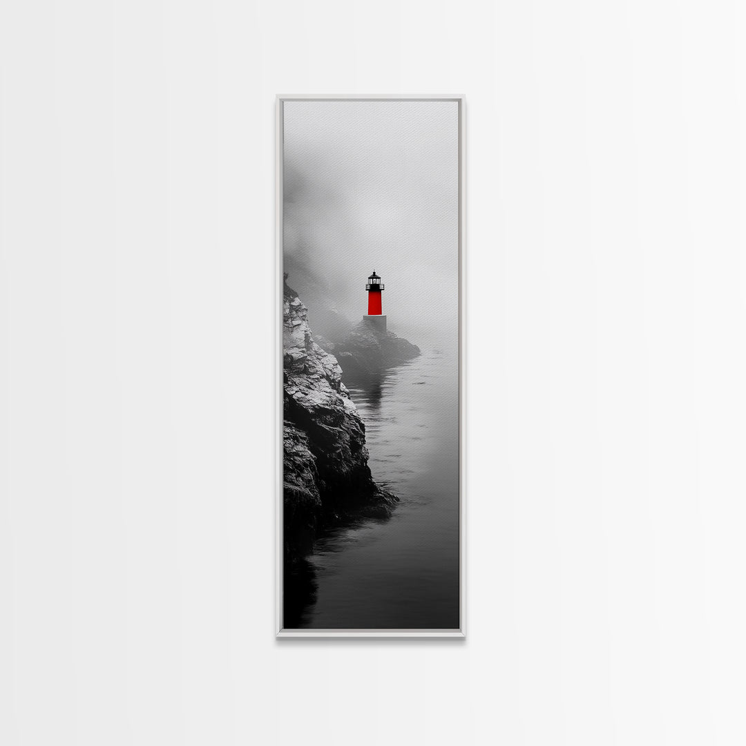Misty Lighthouse View, Red Beacon Decor, Coastal Minimalist Art, Framed Canvas Print, Modern Seascape Living Room Wall Decor