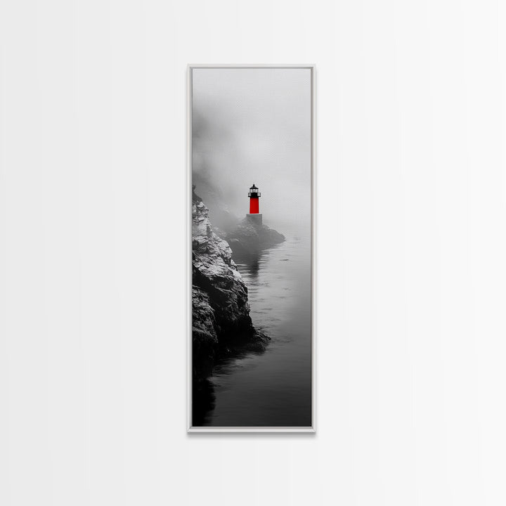 Misty Lighthouse View, Red Beacon Decor, Coastal Minimalist Art, Framed Canvas Print, Modern Seascape Living Room Wall Decor