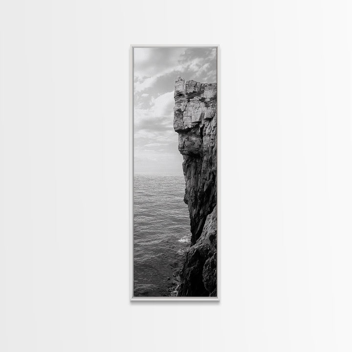 Ocean Cliff Edge, Rugged Coastline Art, Black White Landscape Print, Framed Canvas Print, Modern Seaside Office Wall Decor, Moody Landscape