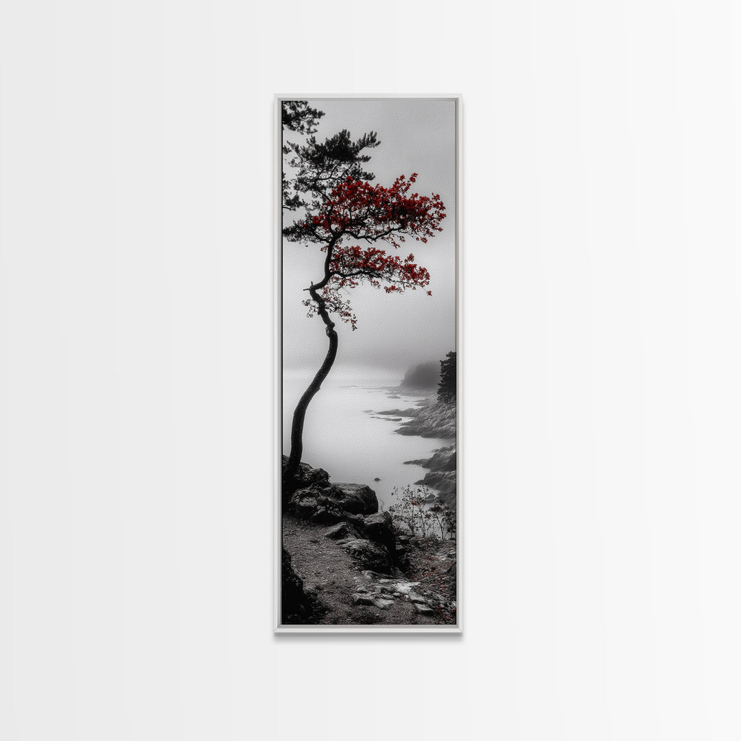 Curved Tree, Foggy Coastline, Red Leaves, Moody Nature Canvas Print, Autumn Landscape, Bedroom Wall Art, Minimalist Earthy Decor