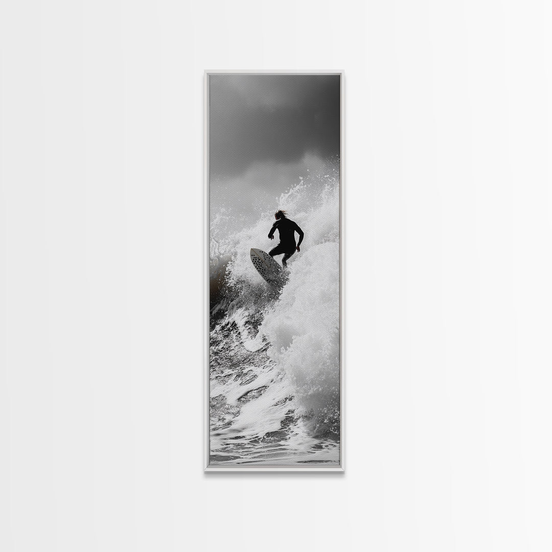 Surfer Wave, Extreme Sports, Ocean Power, Surf Culture, Dynamic Motion Shot, Framed Canvas Print, Coastal Teen Bedroom Wall Art