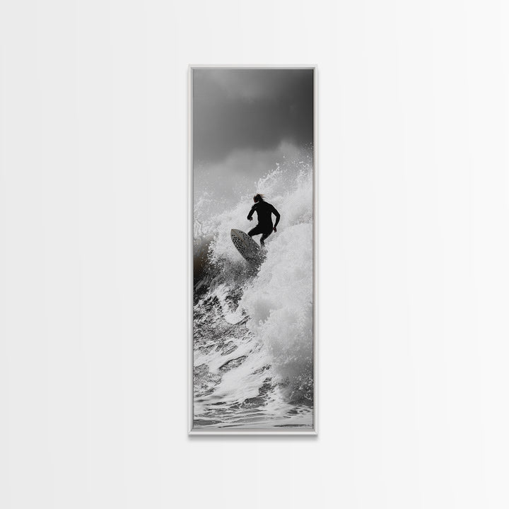 Surfer Wave, Extreme Sports, Ocean Power, Surf Culture, Dynamic Motion Shot, Framed Canvas Print, Coastal Teen Bedroom Wall Art