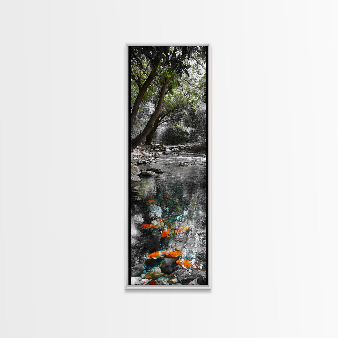 Koi Pond, Peaceful Water, Zen Garden Vibes, Orange Fish, Reflective Nature, Framed Canvas Print, Serene Bedroom Wall Art, Living Room Art