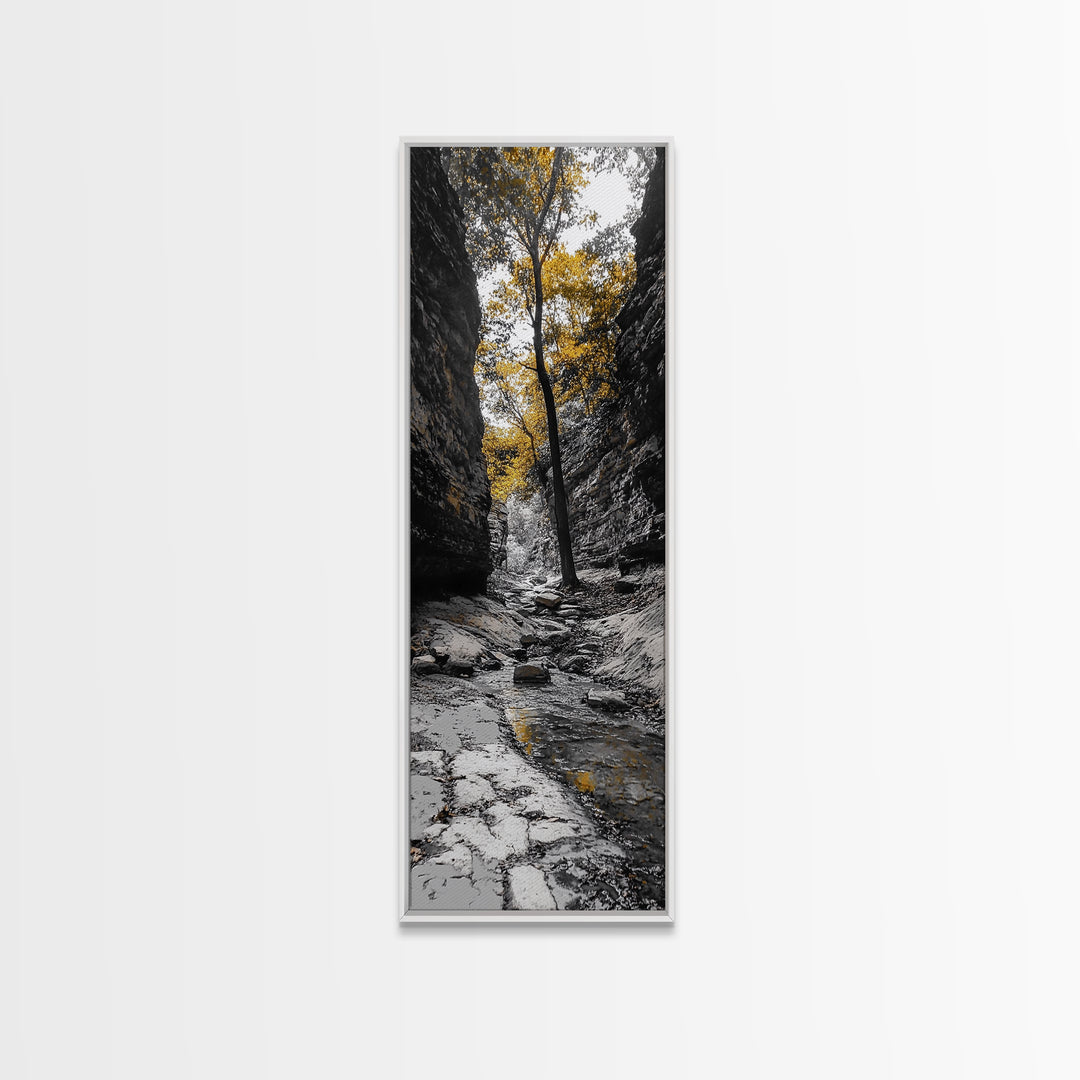 Autumn Gorge, Fall Stream, Yellow Trees, Nature Canyon Trail, Framed Canvas Print, Rustic Hallway Decor, Cozy Autumn Living Room Art